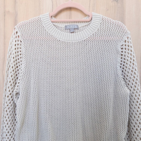 J. Crew Womens Crochet Knit Sweater Top Sz L Cream Long Sleeve Minimalist Preppy - Picture 3 of 8